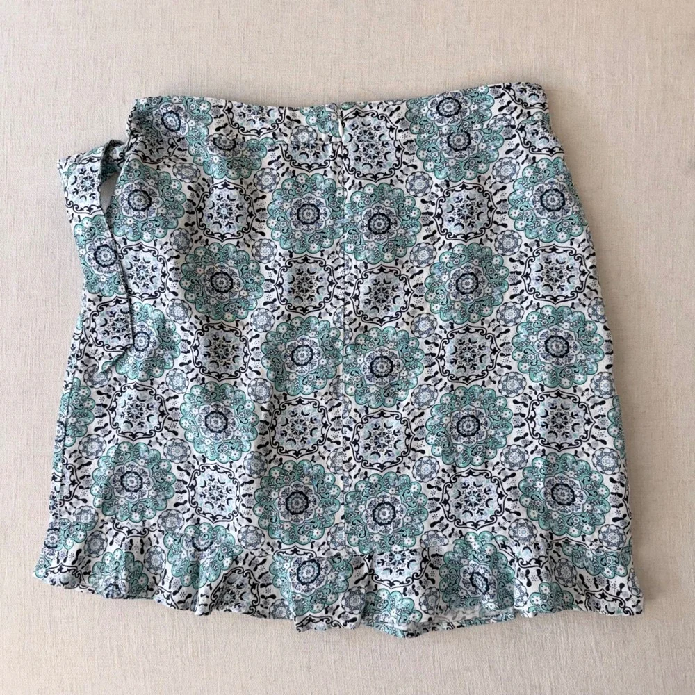 LOFT‎ Petite Linen Blend Boho Wrap Skirt 12P Blue Medallion Print NWT Summer